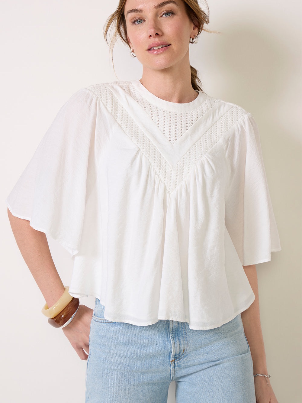 Evereve White Crochet Yoke Flutter Sleeve Blouse